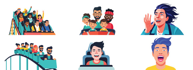 Roller coaster ride with excited people and joyful expressions