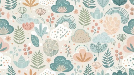 Whimsical Botanical Print Featuring Abstract Clouds, Rainbows, and Stylized Foliage in Soft Pastel Hues