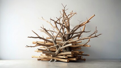 Intricate Wooden Branch Sculpture on Neutral Background, a Study in Natural Textures and Forms