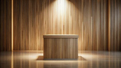Illuminated Wooden Cube Display on Polished Floor with Vertical Wood Paneling Background