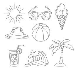 Summer Vacation Line Art Doodle Set for Coloring
