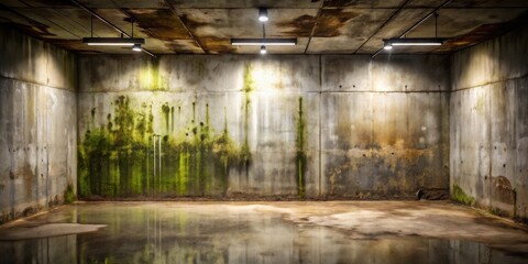 Illuminated Subterranean Chamber with Aged Concrete Walls and Damp Floor