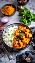 Bowl of rice topped with chunks of saucy orange chicken and parsley, staged with herbs, spice, and onion