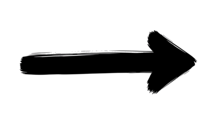 Black grunge brush stroke arrow graphic pointing right indicating direction and movement. isolated PNG with Transparent Background