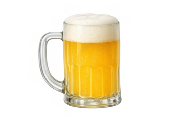 Glass mug filled with golden beer, refreshing bubbly beverage with frothy head, transparent background