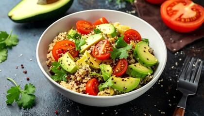 Bowl of quinoa salad with tomatoes and avocado, garnished with herbs, on a dark stone surface