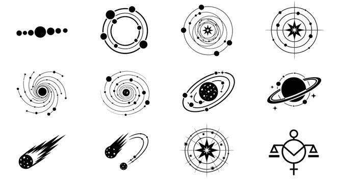 Astronomy symbols and planet icons set.