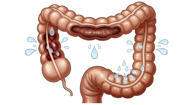 Medical Illustration of the Human Colon with Water Droplets.