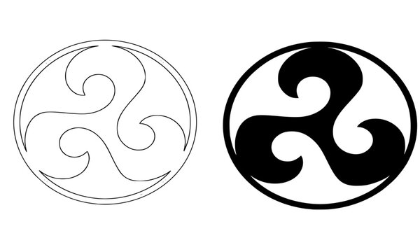 Mitsu Tomoe Symbol, Japanese Shinto Trinity Icon, Threefold Swirl Vector, Hidari Gomon Line Art, Black Tomoe Emblem Illustration