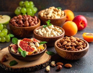 Bowls of mixed nuts, figs, peaches, green grapes, and apple slices, garnished with mint, against a mottled background