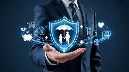 Man in suit presenting a glowing shield with umbrella protecting family figures insurance