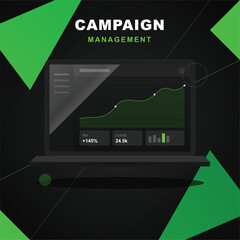 Modern campaign management dashboard on laptop showing data analytics growth graph and ROI metrics