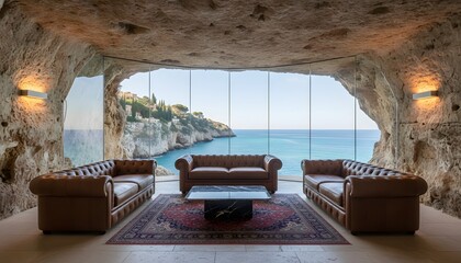 Luxurious cave living room with sea view.