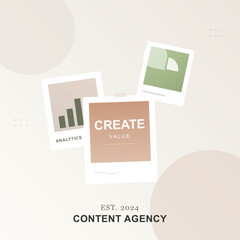 Minimalist content agency branding graphic with analytics charts and "Create Value" text on beige background