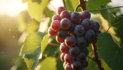Fototapeta premium Cluster of dewy grapes hanging on a vine, bathed in warm sunlight, surrounded by lush green leaves, conveying freshness and tranquility.
