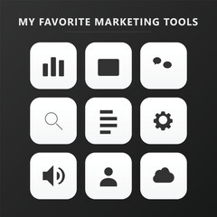 Minimalist icon grid for digital marketing tools on black background with header text