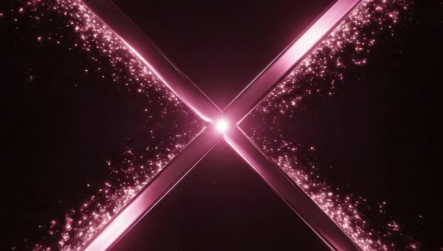 Abstract neon pink X-shaped glow with sparkling particles converging at center, dark background glow