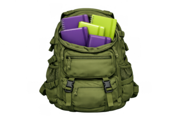 Green backpack carrying vibrant purple and green notebooks, school supplies for education and learning, transparent background