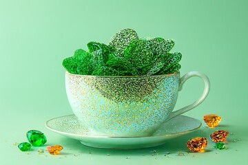 Vibrant green succulent in a decorative teacup