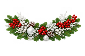 Christmas border with pine branches, red berries, white snowflakes, silver baubles, and natural pine cones