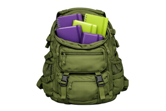 Green backpack carrying vibrant purple and green notebooks, school supplies for education and learning, transparent background - Powered by Adobe