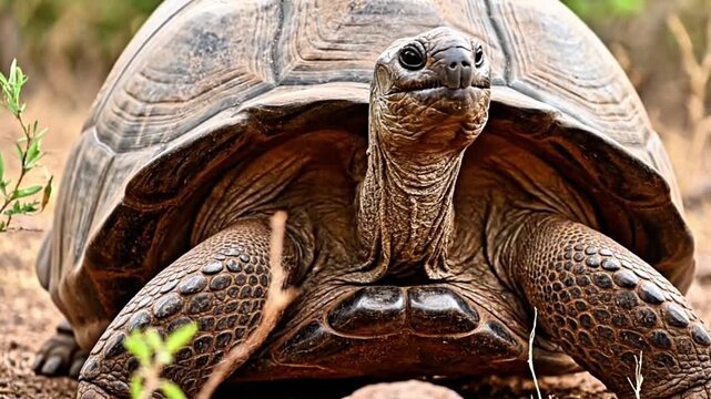 Wild turtle resting with slow head movement on forest floor
