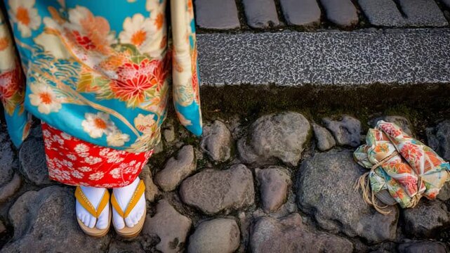 Traditional Japanese Woman in Vibrant Kimono and Geta Sandals on a Historic Stone Path.