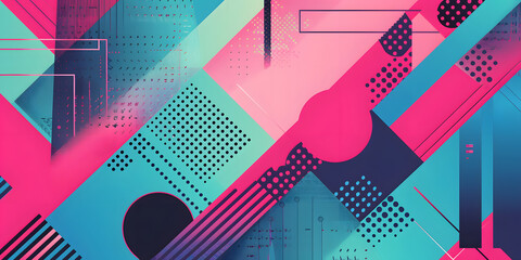 Displaying a colorful digital composition with geometric shapes, the artwork utilizes vibrant pinks, teals, and blues.