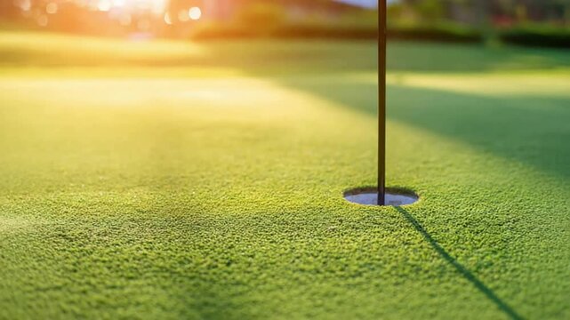 Close Up View of a Golf Putting Green Hole and Flag in Golden Light.