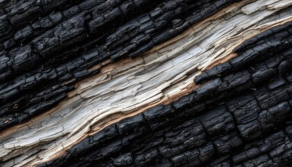 Burnt log with raw wood contrast.