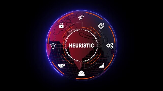 Futuristic Circular HUD Heuristic Interface with World Map and AI Technology Icons, Artificial Intelligence, Smart Decision Systems and Data Analysis Concept