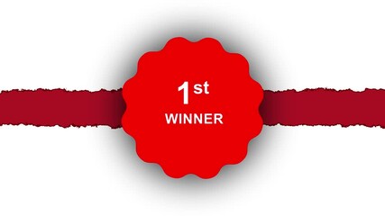 Celebrate victory with this elegant gold 1st place winner medal and red ribbon award. Motion graphics of 1st person win concept.