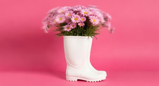 White Rain Boot with Pink Flowers.
