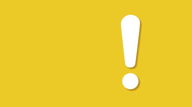 Bold white exclamation mark emphasizes important message or alert on a yellow background. Motion graphics of exclamation icon concept.