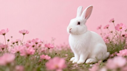 Obraz premium White rabbit in pink flowers