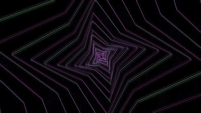 Abstract geometric pattern with neon lines and forming a star shape in darkness