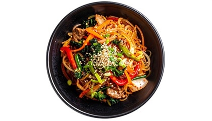 Bowl of stir-fried noodles, vibrant veggies, and meat, seen from above against a plain white backdrop