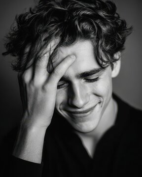 young man polite smile, emotional fatigue