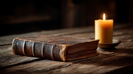 Ancient Leather Bound Book Glowing In Candlelight On Rustic Wooden Table
