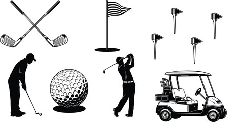 Golf sport silhouettes and equipment icons set, black vector illustration with players, clubs, balls, flag and cart for professional outdoor game designs © Masuduzzaman