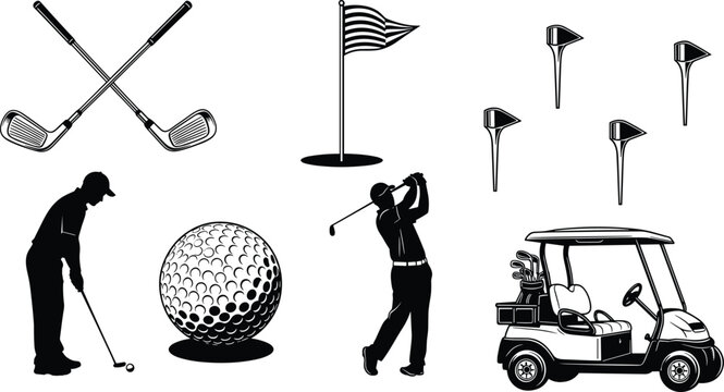 Golf sport silhouettes and equipment icons set, black vector illustration with players, clubs, balls, flag and cart for professional outdoor game designs