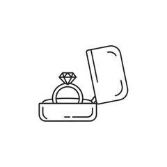 Fototapeta premium Line art illustration of a diamond engagement ring in an open jewelry box, symbolizing proposal and commitment.