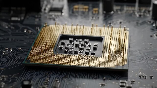 Close Up Macro Shot of a Golden Microprocessor CPU Chip with Intricate Gold Pins on a Dark Circuit Board with Subtle Lighting Highlighting Technological Detail