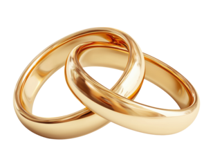 Pair of gold wedding bands leaning together, isolated on transparent background