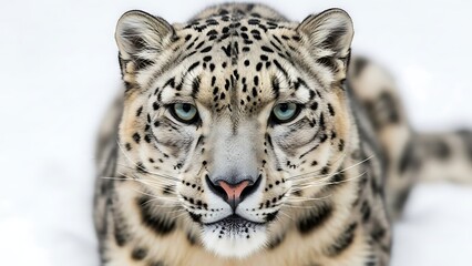 Fototapeta premium Majestic snow leopard with piercing blue eyes stares intensely in its snowy habitat