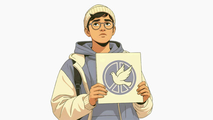 Flat vector illustration of a young man thoughtfully holding a poster with a peace sign
