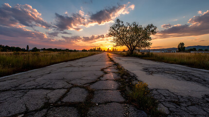 Cracked Asphalt Road Leading Toward A Dramatic Sunset With A Lone Tree
