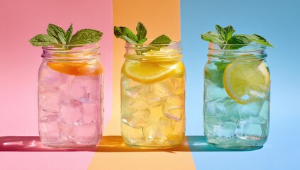 Three mason jars filled with ice and citrus slices (orange, lemon), garnished with mint, sit against a vibrant pink, orange, and blue backdrop.  The drinks appear refreshing and summery