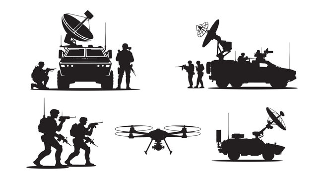 Military Tactical Operation Silhouette Icon Set, Soldiers Armored Vehicle, Drone, Radar Vector.