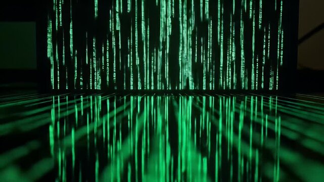 Abstract Vertical Green Light Streaks Create a Hypnotic Glowing Matrix Effect on a Reflective Dark Floor Creating a Sense of Digital Flow and Futuristic Technology With Deep Shadows